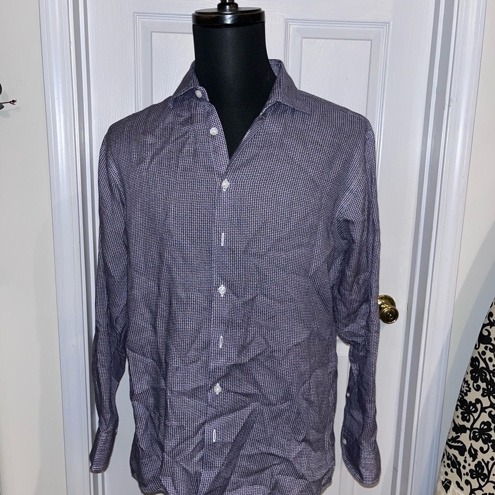 Proper Cloth Geometric Dress Shirt Navy Red Size Large 100% Linen